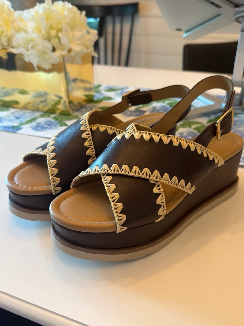 Soda Brown Wedge Slingback Sandals with Cream Stitching